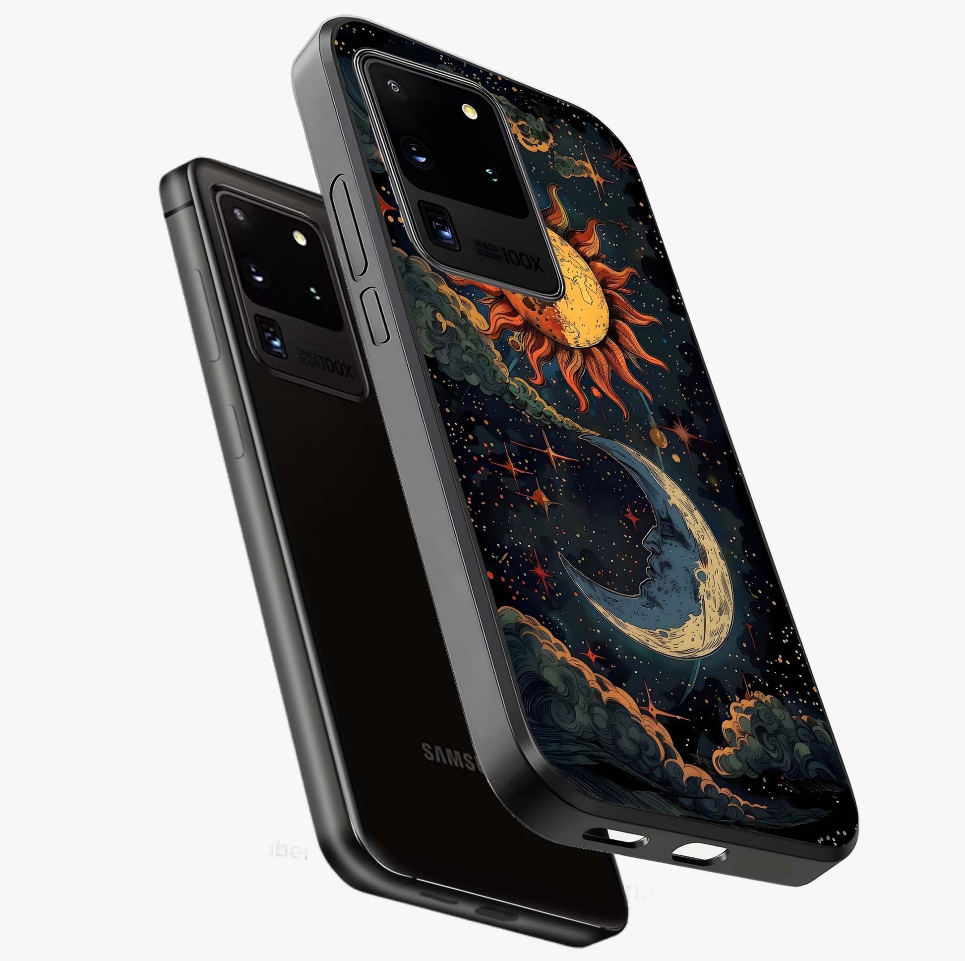 Sun And Moon Magic Design Glass Case displayed in angled mockup highlighting celestial design with magical cosmic aesthetic.