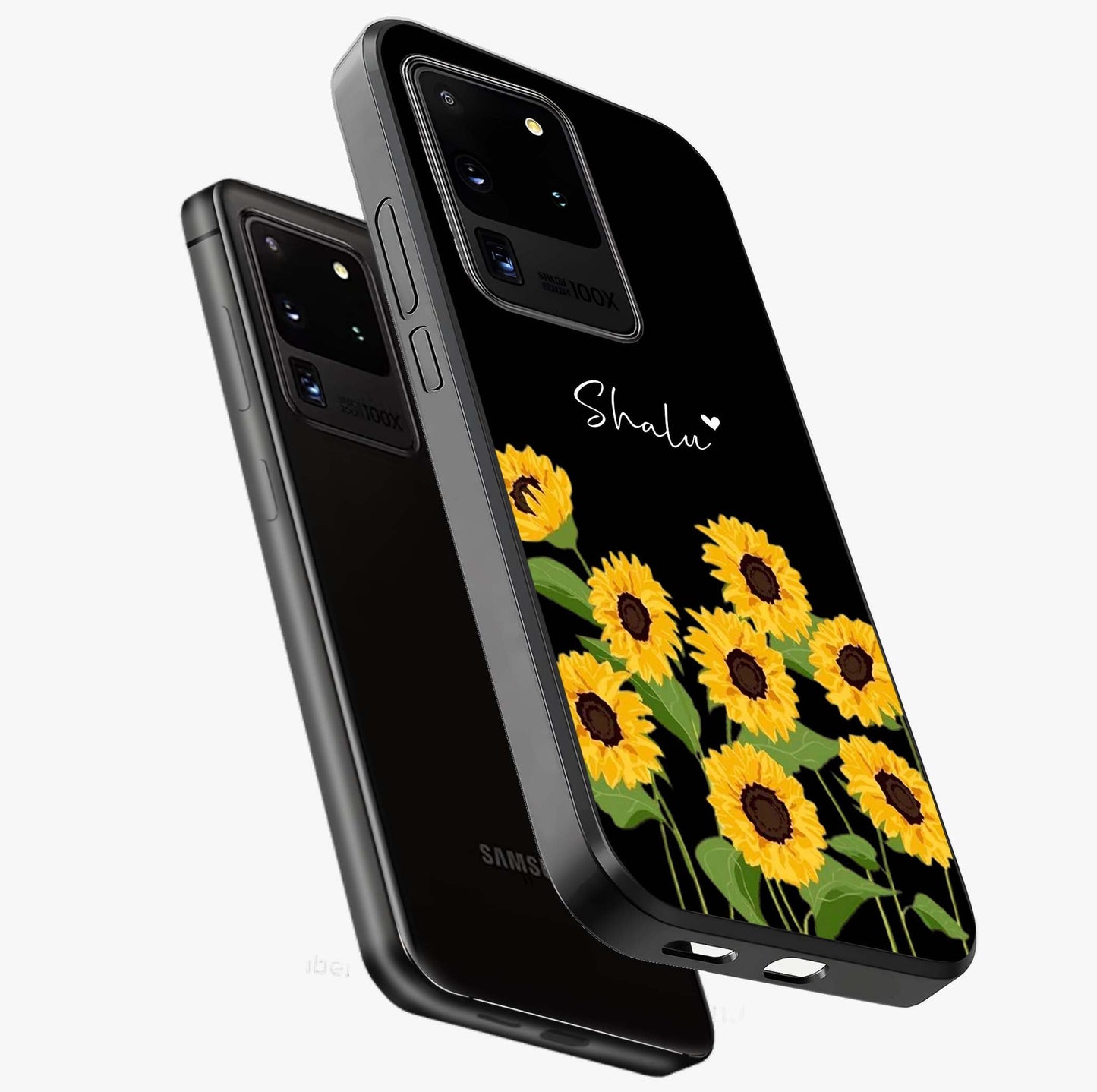 Sunflower Chic Mood Custom Name Glass Case displayed in angled mockup highlighting vibrant sunflower design with custom name feature.