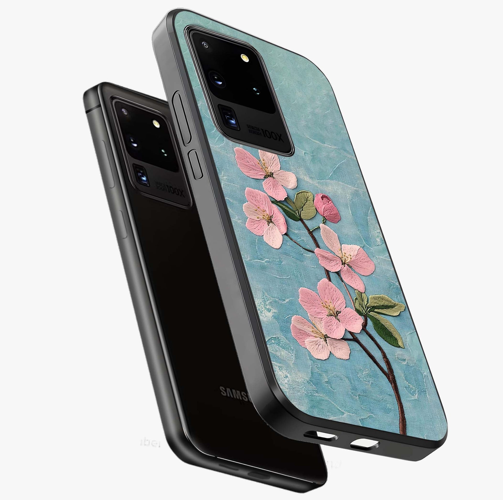 Threaded Blossom Breeze Glass Case displayed in angled mockup highlighting elegant floral design with soft aesthetic style.