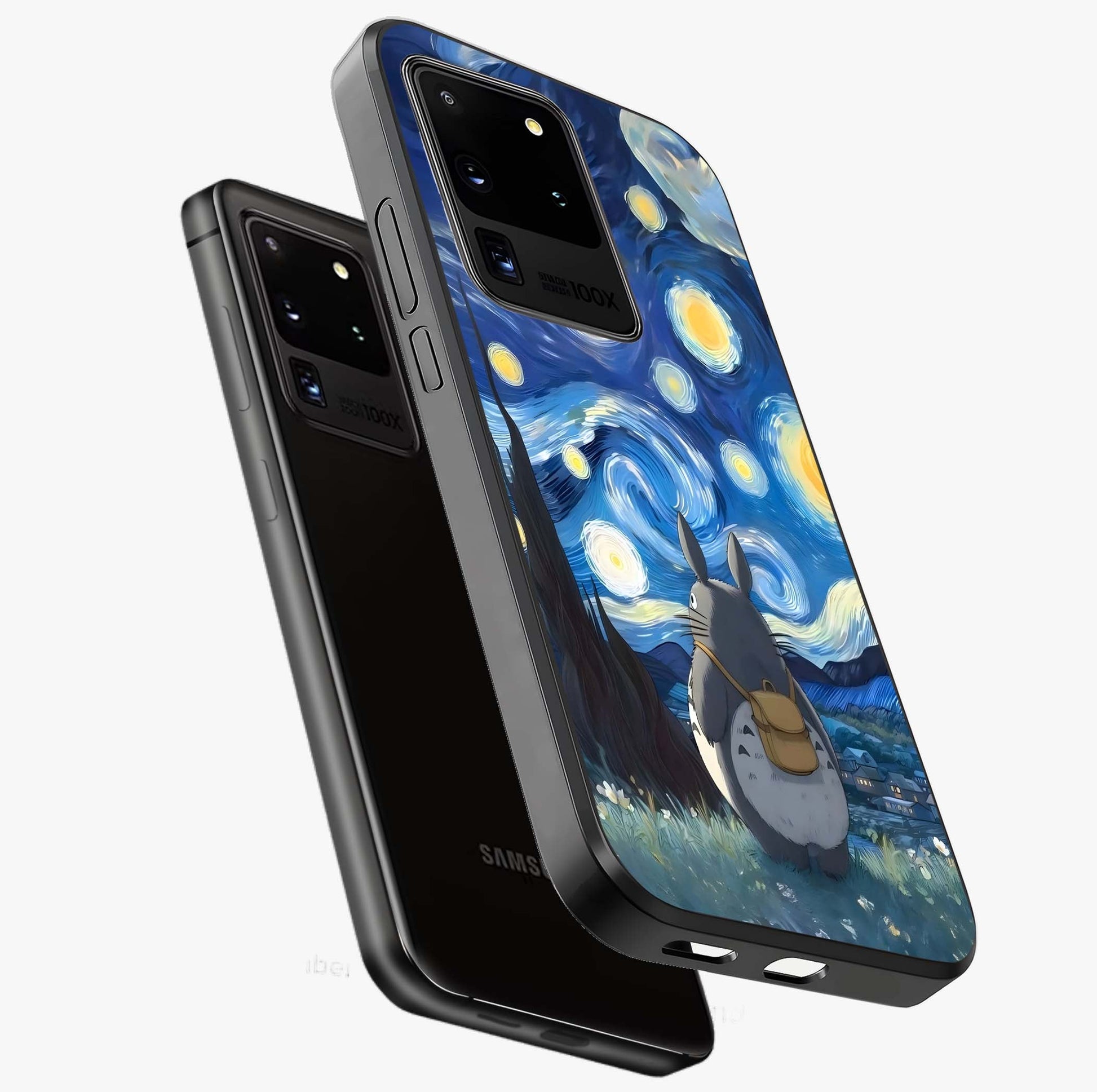 Totoro In Van Gogh Art Glass Case displayed in angled mockup highlighting artistic swirling sky design with playful animation aesthetic.