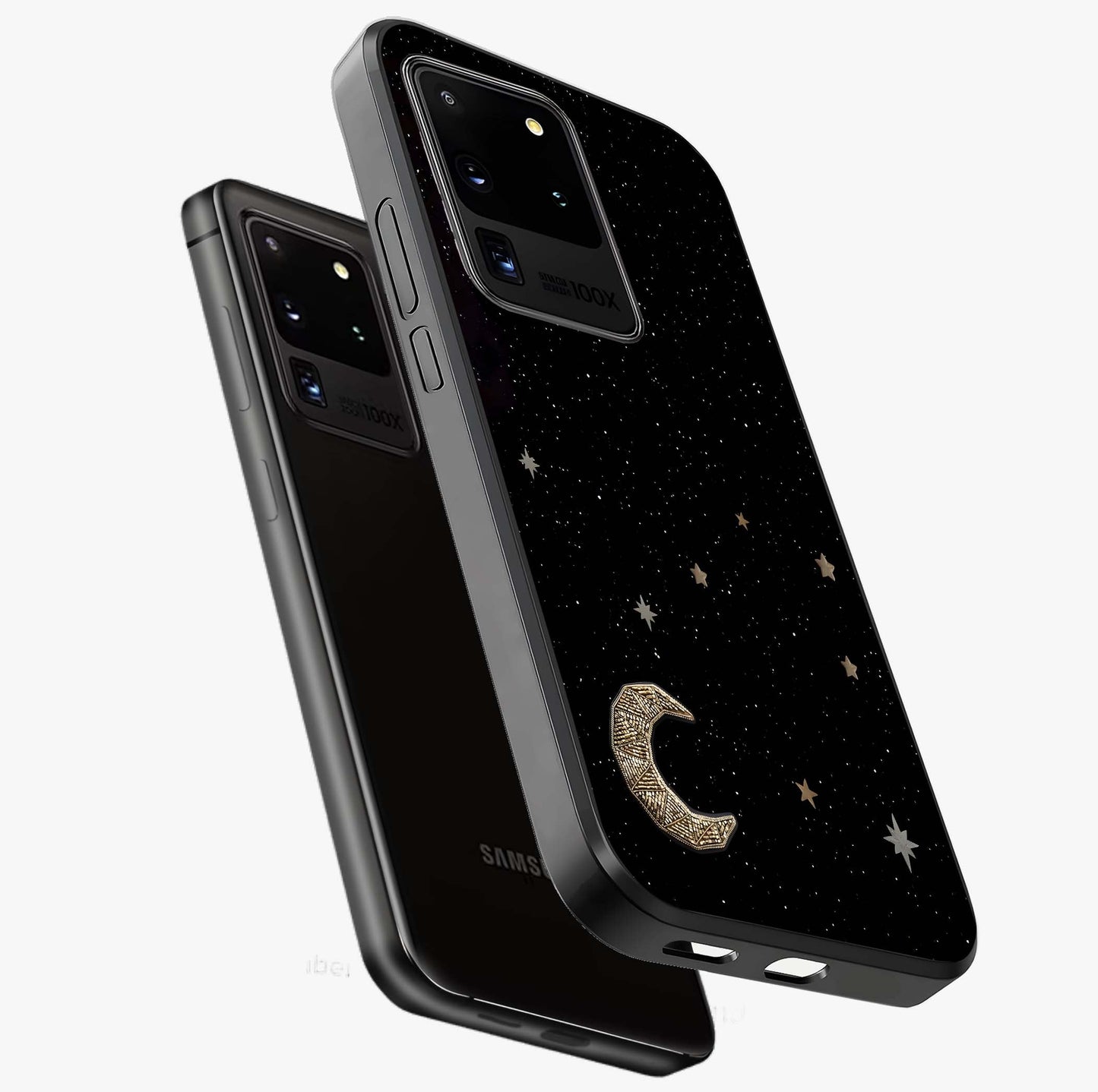 Twinkle Star With Half Moon Glass Case displayed in angled mockup highlighting celestial moon and star design with magical aesthetic.