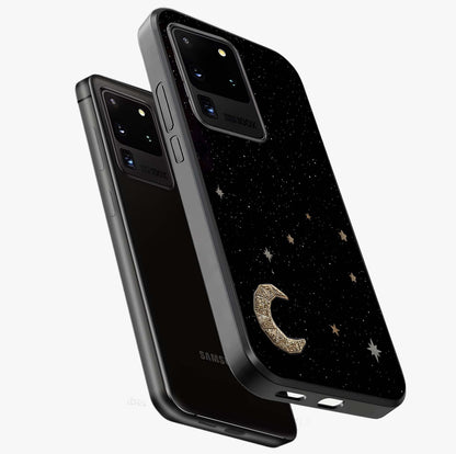 Twinkle Star With Half Moon Glass Case displayed in angled mockup highlighting celestial moon and star design with magical aesthetic.