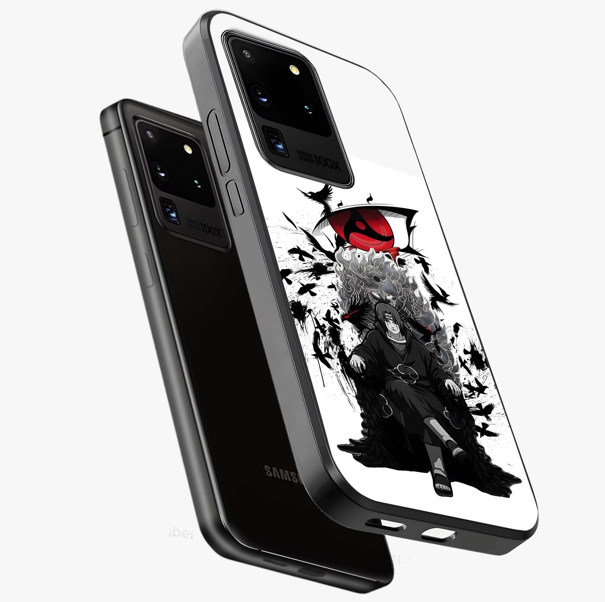 Uchiha Shadow Throne Glass Case displayed in angled mockup highlighting glowing aquatic design with celestial aesthetic.