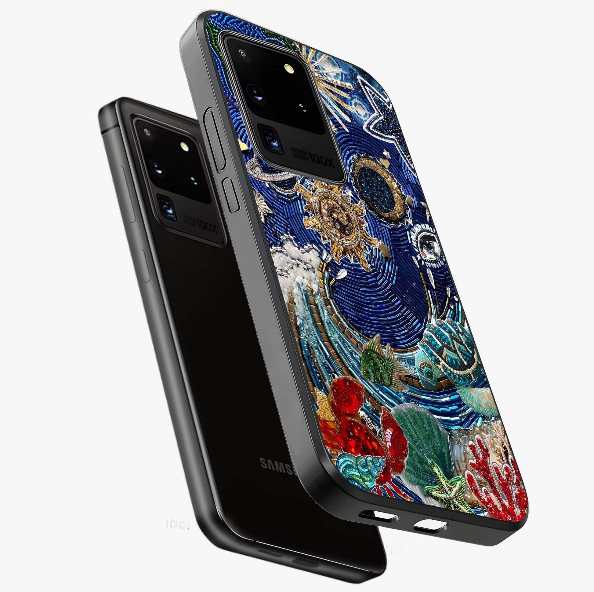 Universe Underwater Spark Glass Case displayed in angled mockup highlighting glowing aquatic design with celestial aesthetic.