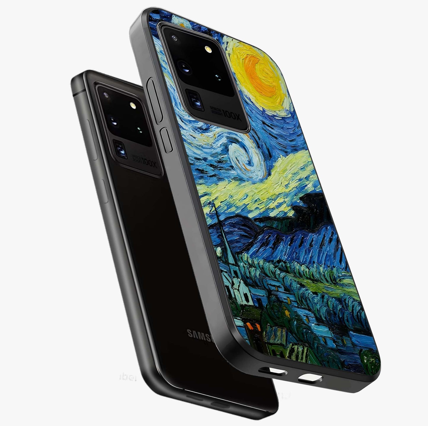Van Gogh Art Glass Case displayed in angled mockup highlighting swirling brushstroke design with artistic aesthetic.
