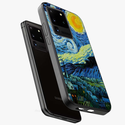 Van Gogh Art Glass Case displayed in angled mockup highlighting swirling brushstroke design with artistic aesthetic.