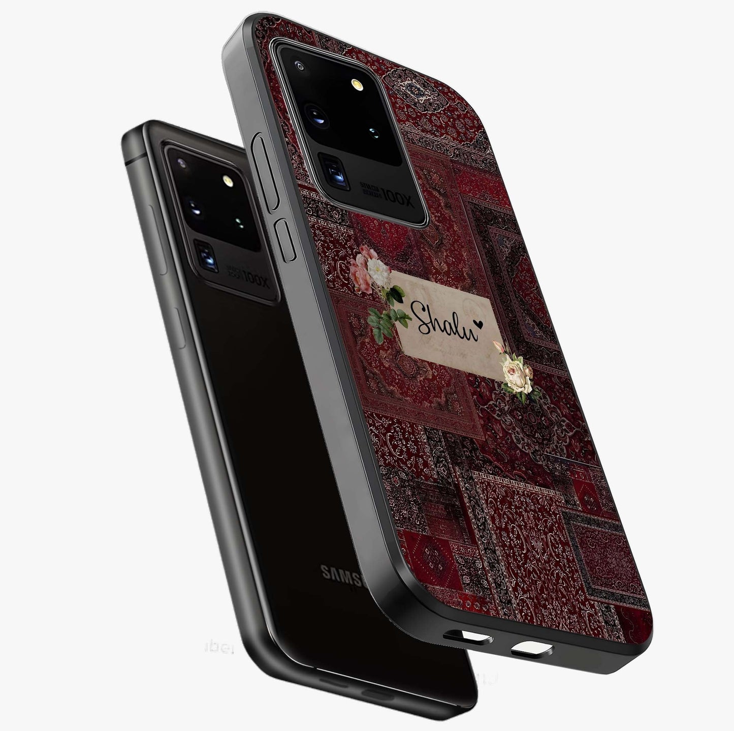 Velvet Wine Pattern Custom Name Glass Case displayed in angled mockup highlighting decorative velvet inspired design with custom name feature.