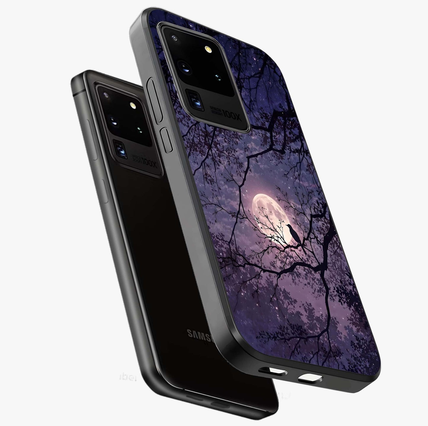 Whispering Moon Silence Glass Case displayed in angled mockup highlighting calm lunar design with dreamy night aesthetic.
