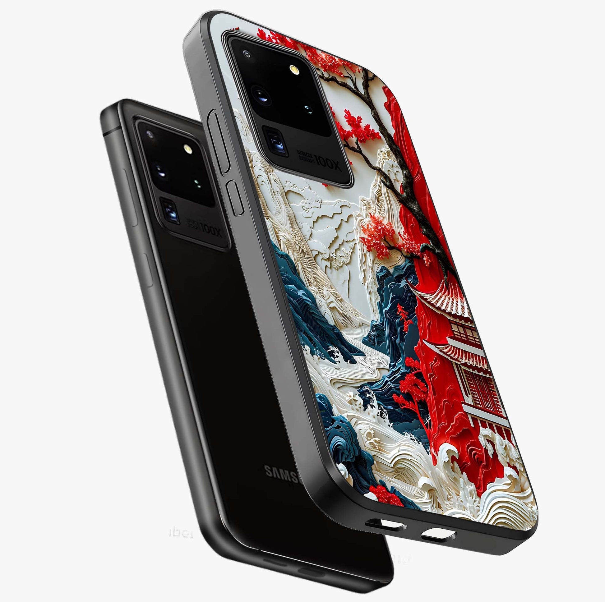 Whispers Of Sakura Waves Glass Case displayed in angled mockup highlighting flowing sakura design with soft floral aesthetic.