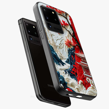 Whispers Of Sakura Waves Glass Case displayed in angled mockup highlighting flowing sakura design with soft floral aesthetic.