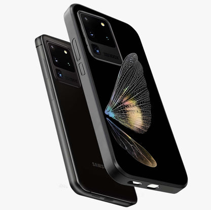 Whispers Of Wings Glass Case displayed in angled mockup highlighting soft feather design with celestial aesthetic style.