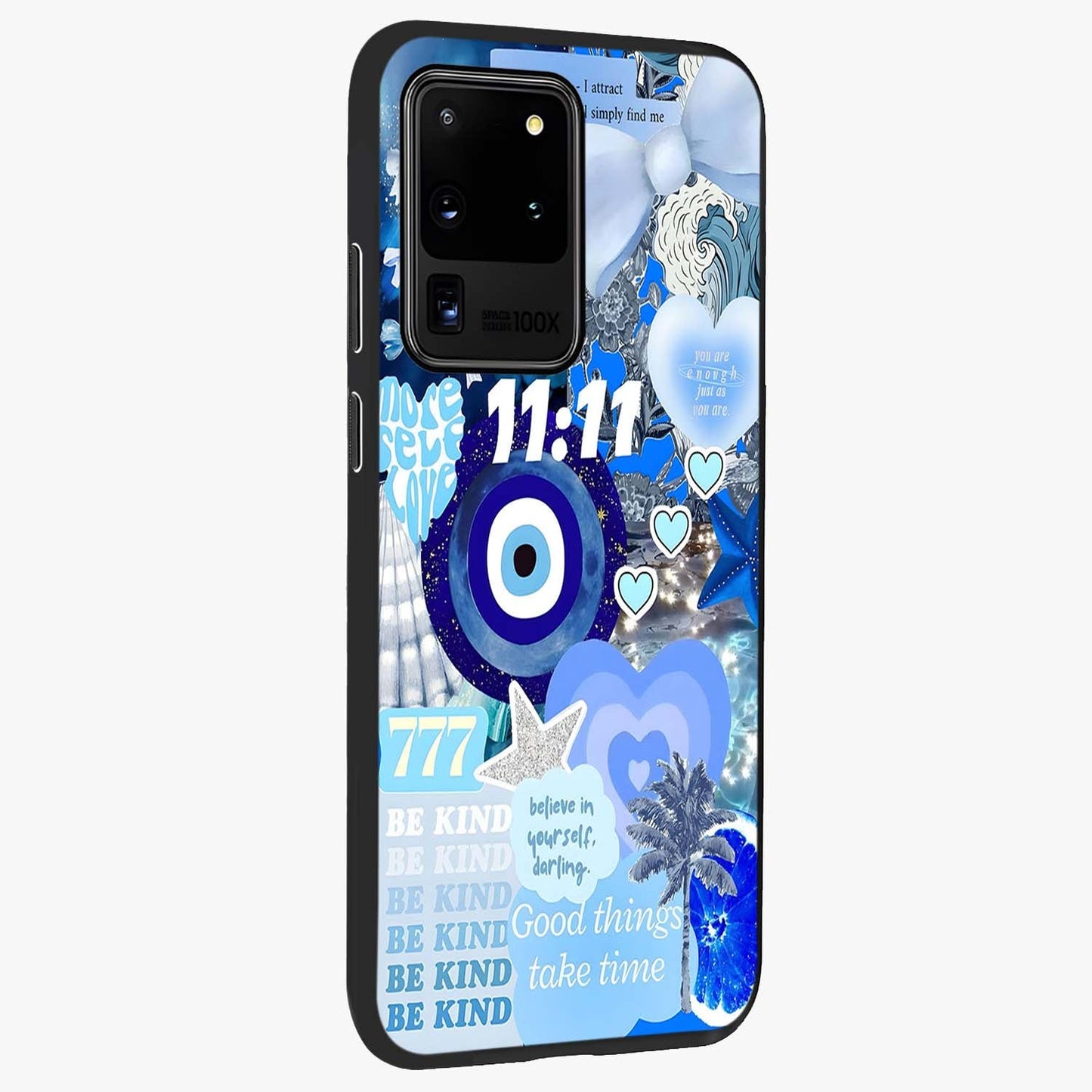 Aesthetic Be Kind Eye Glass Case upright view showcasing stylish eye illustration with positive message theme.