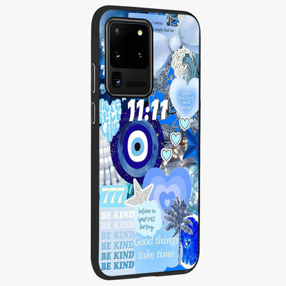 Aesthetic Be Kind Eye Glass Case upright view showcasing stylish eye illustration with positive message theme.