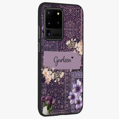Antique Floral Whisper Custom Name Glass Case upright view showcasing delicate floral artwork with custom name feature.
