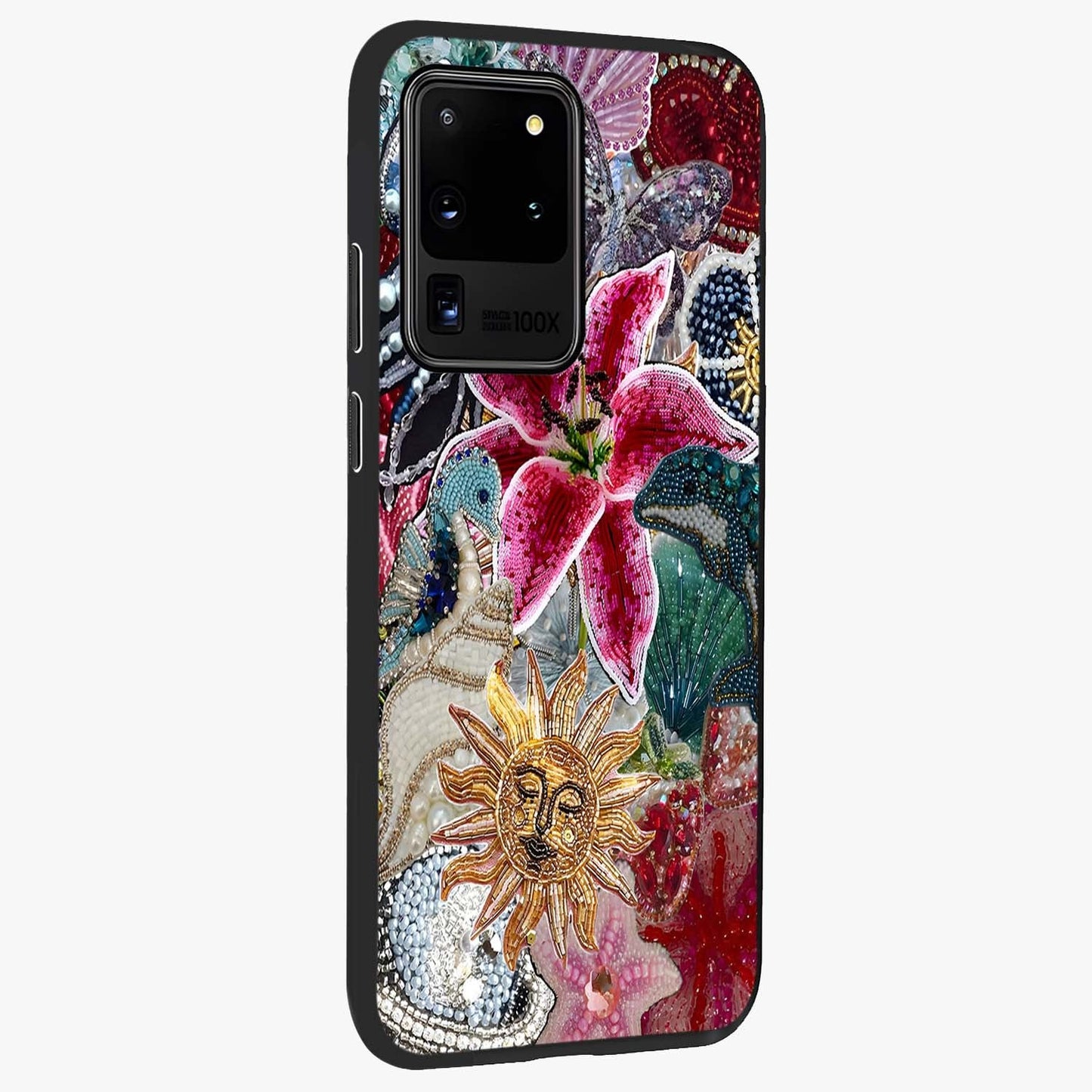 Beaded Garden Fantasy Glass Case upright view showcasing whimsical garden aesthetic with artistic bead details.