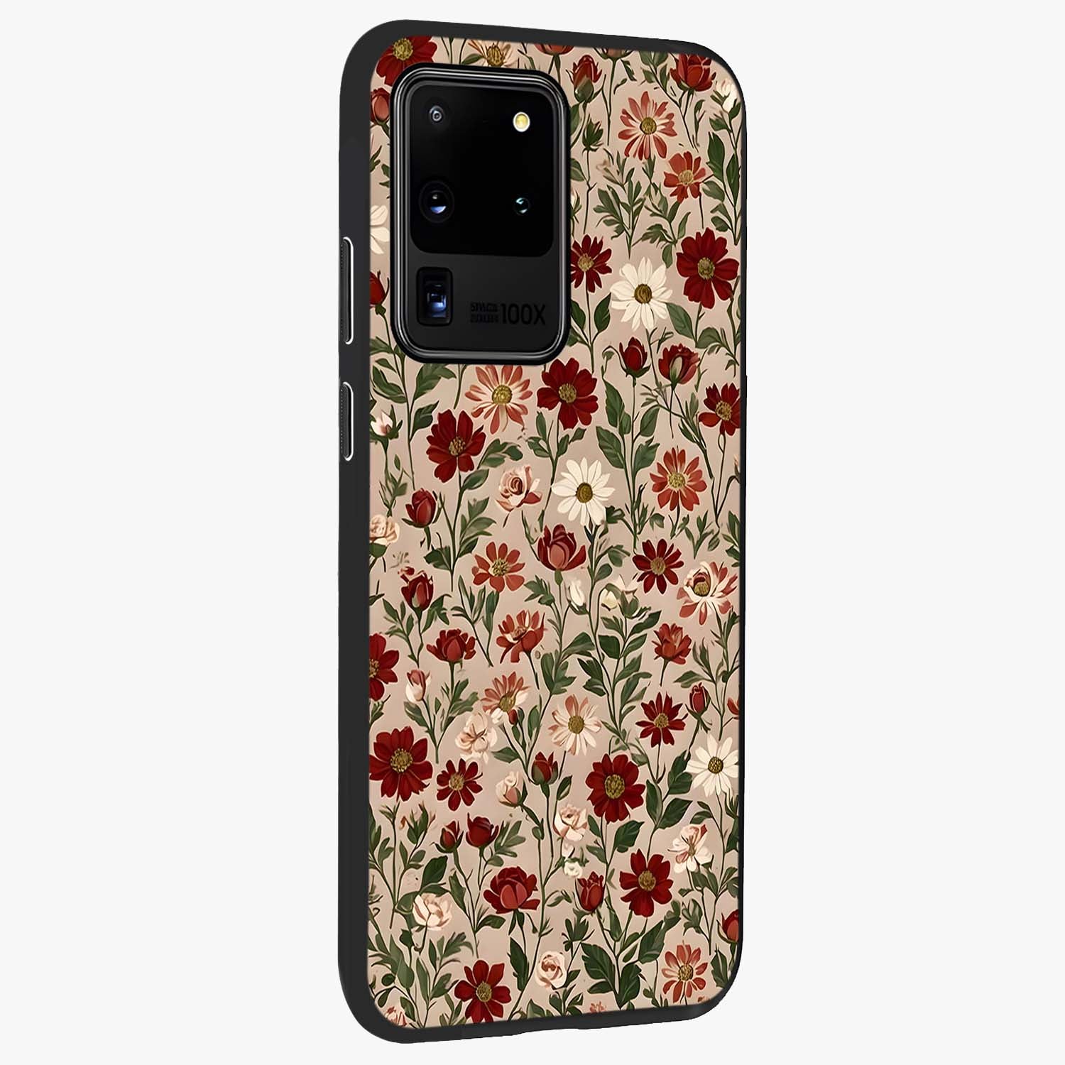 Biege Flower With Leaf Glass Case upright view showcasing delicate beige flower illustration with clean botanical style.