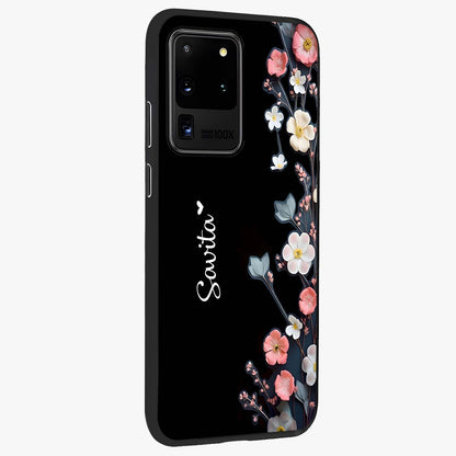 Black Elegance Floral Custom Name Glass Case upright view showcasing luxurious black floral design with personalized name detail.