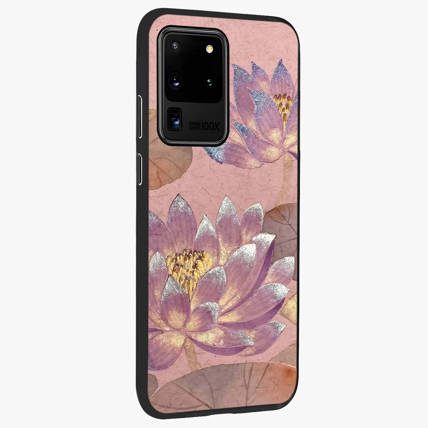 Blossom Mist Lotus Glass Case upright view showcasing graceful lotus flower design with peaceful botanical style.