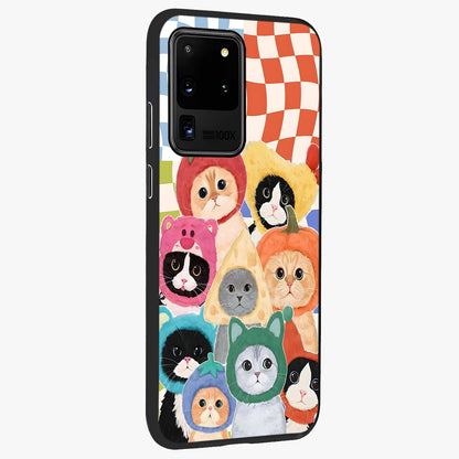 Cats in Fruits Glass Case upright view showcasing charming cat artwork with fun fruity theme.