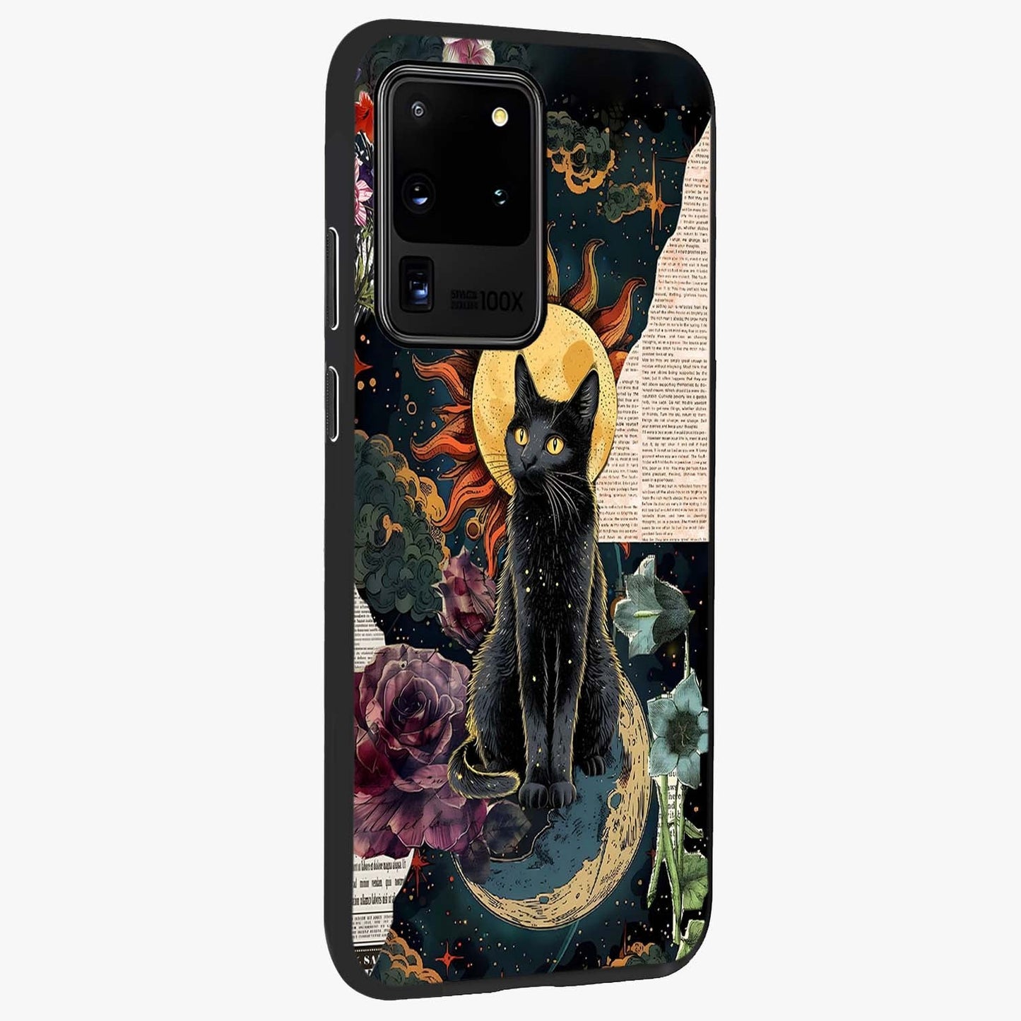 Celestial Black Cat Glass Case upright view showcasing magical black cat illustration with starry cosmic theme.