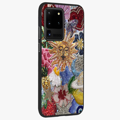 Celestial Floral and Playful Glass Case upright view showcasing whimsical floral artwork with cosmic aesthetic theme.