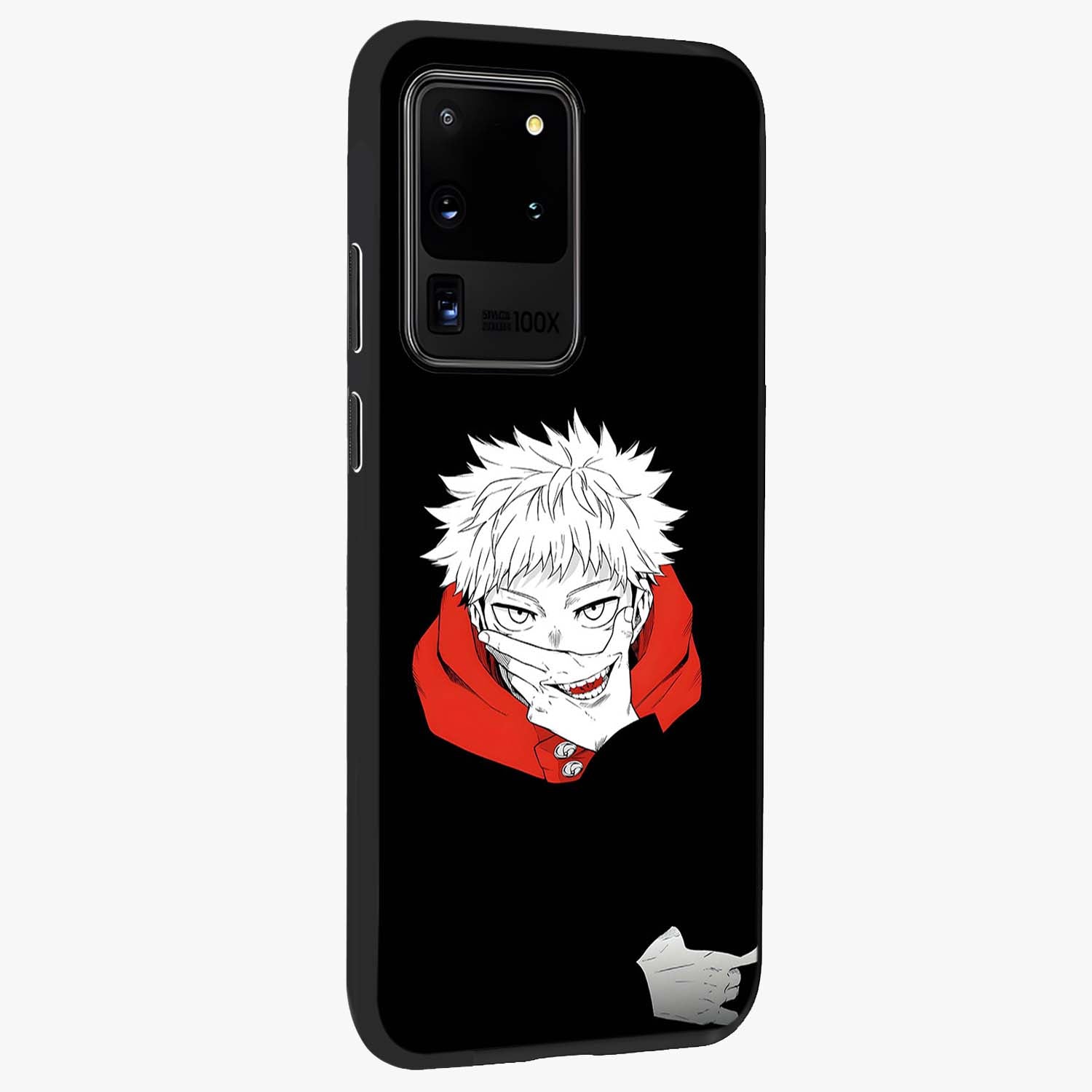 Crimson Chaos Smile Glass Case upright view showcasing expressive chaotic artwork with striking visual theme.