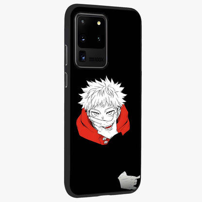 Crimson Chaos Smile Glass Case upright view showcasing expressive chaotic artwork with striking visual theme.