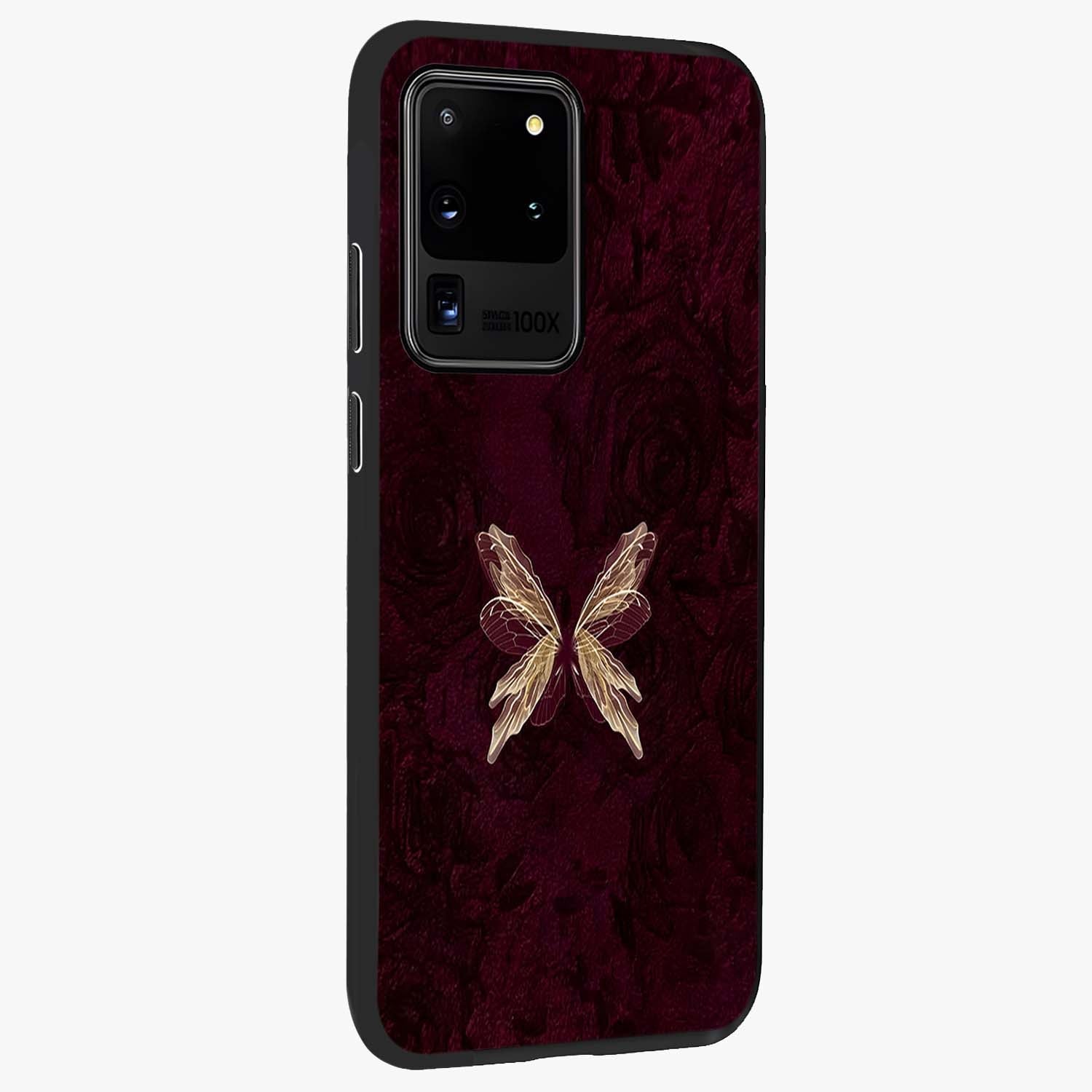 Crimson Fade Butterfly Glass Case upright view showcasing graceful butterfly artwork with soft crimson fade effect.