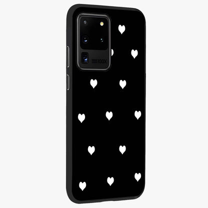 Cute And Simple White Hearts Glass Case upright view showcasing simple white hearts artwork with soft minimal theme.
