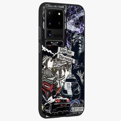 Die Young Glass Case upright view showcasing striking typography artwork with modern statement theme.