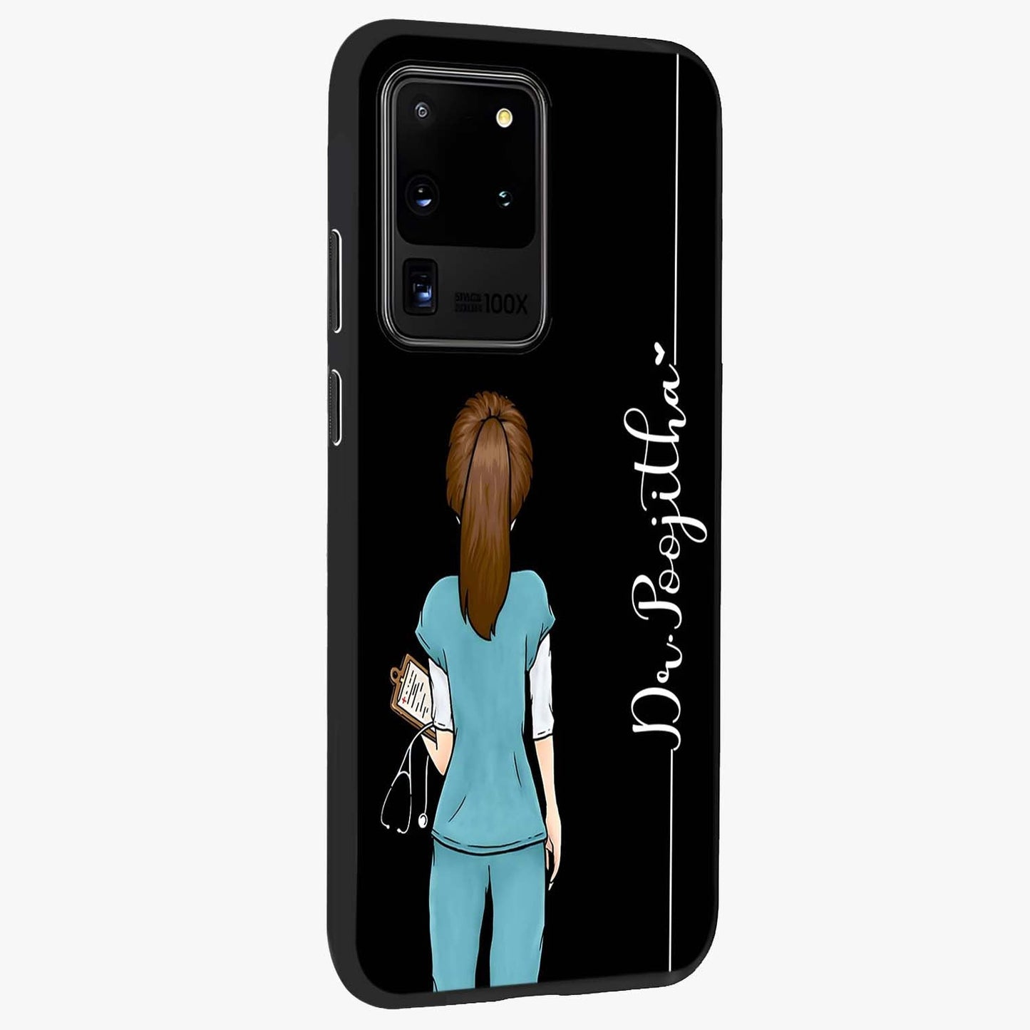 Doctor Pattern Custom Name Glass Case upright view showcasing healthcare themed design with personalized aesthetic.