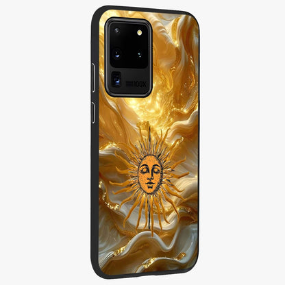 Eternal Golden Glow Glass Case upright view showcasing luminous golden artwork with luxurious visual theme.