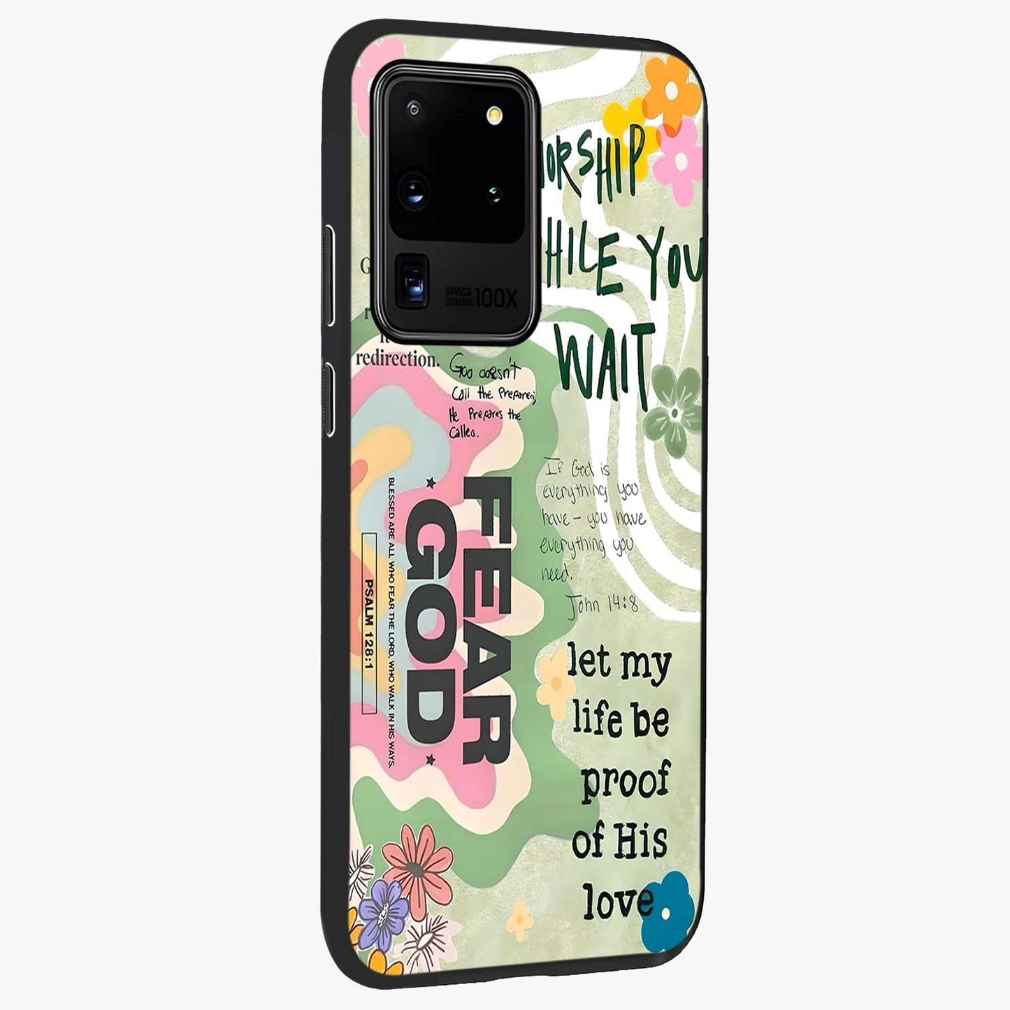 Faith Over Fear Glass Case upright view showcasing bold typography artwork with uplifting motivational theme.