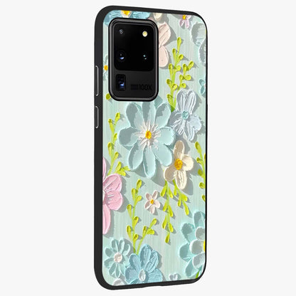 Frosted Petal Garden Glass Case upright view showcasing elegant floral garden artwork with soothing pastel theme.
