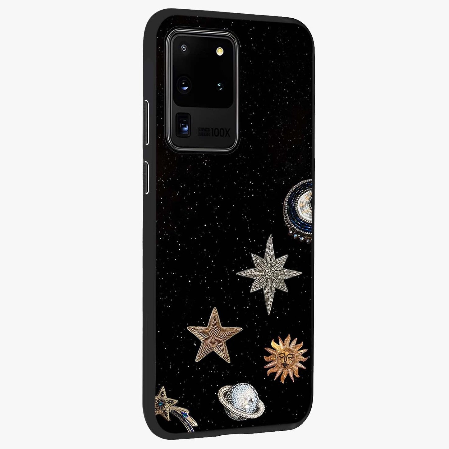 Galactic Charm Glow Glass Case upright view showcasing glowing cosmic charm artwork with magical celestial style.
