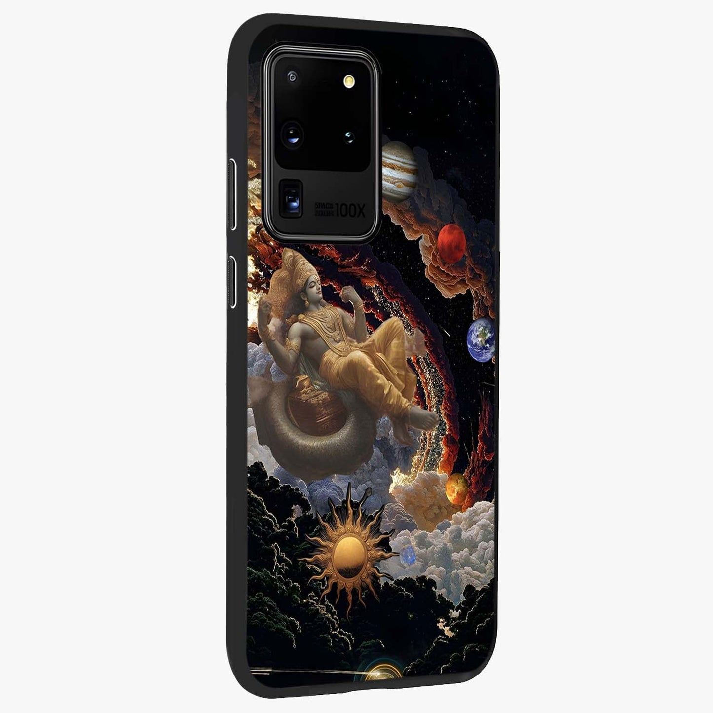 Galactic Divine God Glass Case upright view showcasing mystical divine artwork with dramatic cosmic theme.