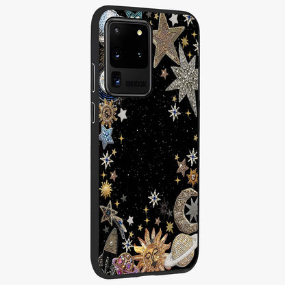 Galactic Jewel Stars Glass Case upright view showcasing glittering star jewel artwork with vibrant galaxy theme.