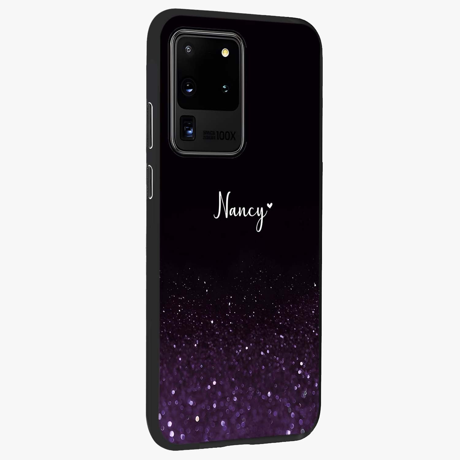Glittery Purple Bokeh Custom Name Glass Case upright view showcasing vibrant purple sparkle artwork with personalized aesthetic style.