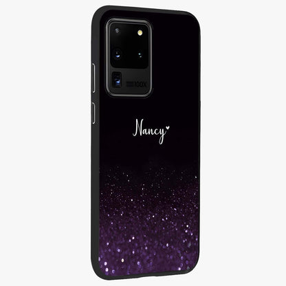 Glittery Purple Bokeh Custom Name Glass Case upright view showcasing vibrant purple sparkle artwork with personalized aesthetic style.