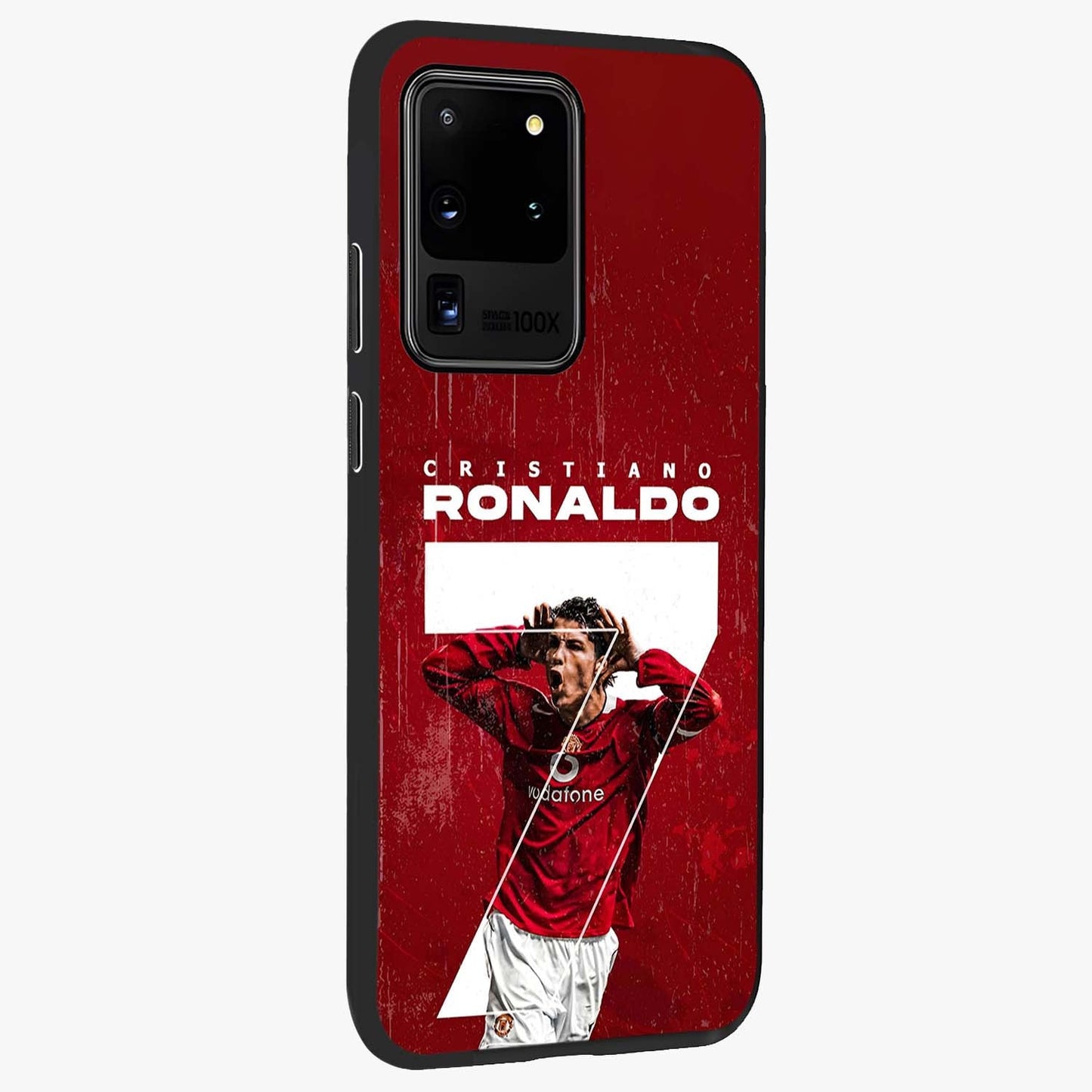 Goal Celebration Legacy Glass Case upright view showcasing dynamic football inspired artwork with victory celebration aesthetic.