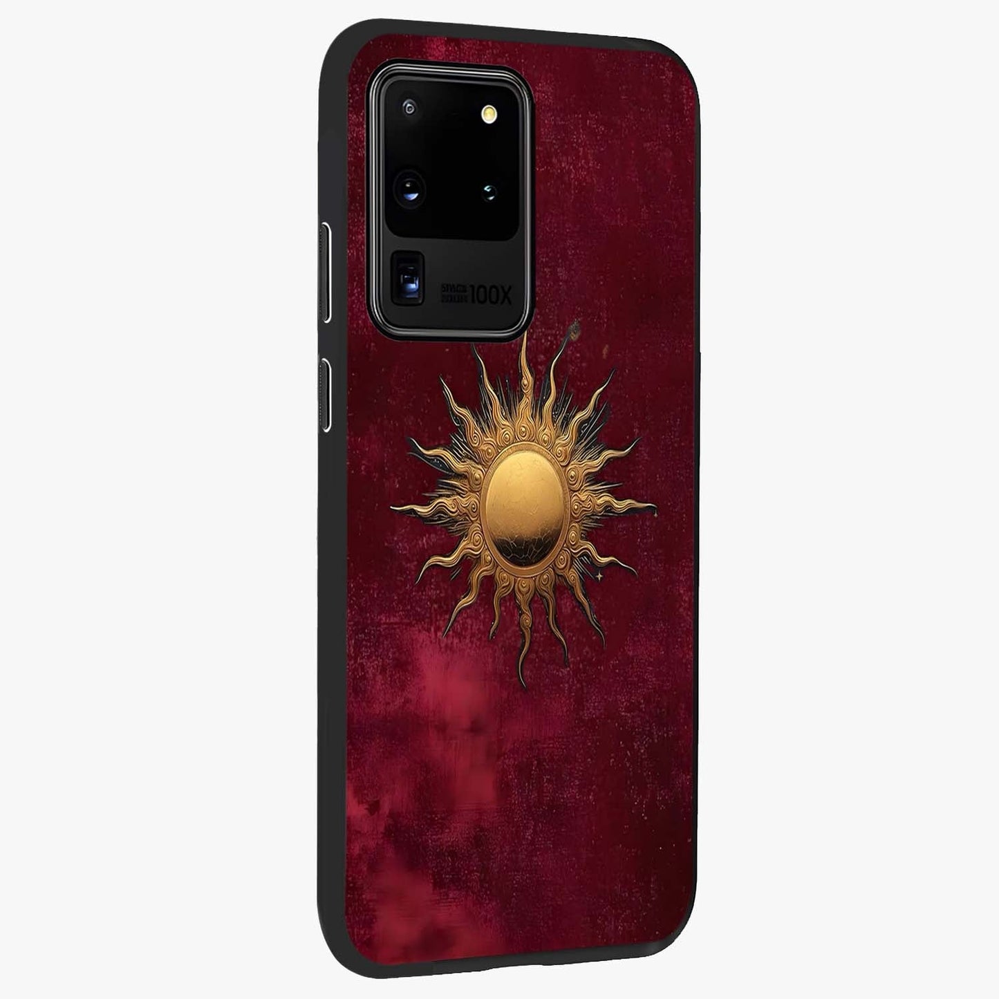 Golden Sun Minimalism Glass Case upright view showcasing simple golden sun artwork with elegant minimalist style.