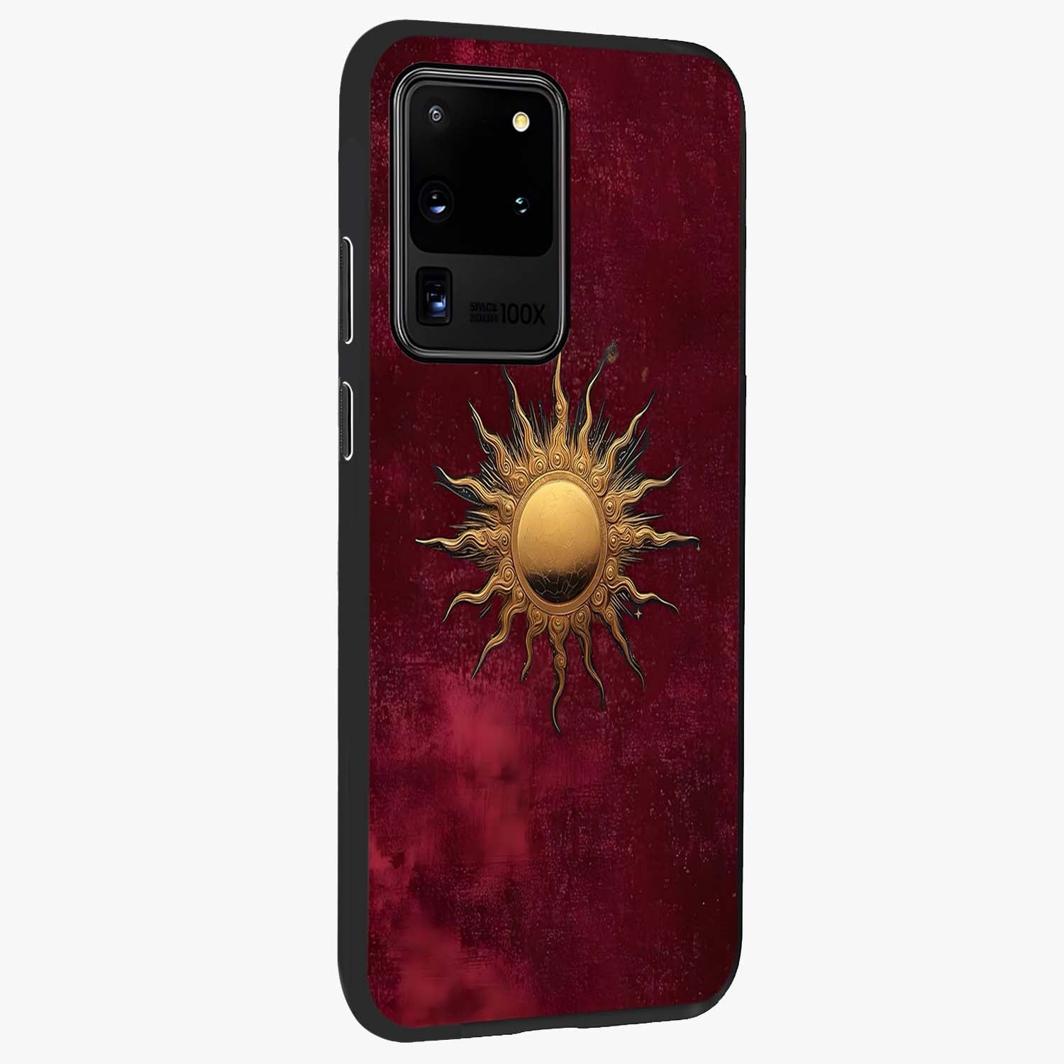 Golden Sun Minimalism Glass Case upright view showcasing simple golden sun artwork with elegant minimalist style.