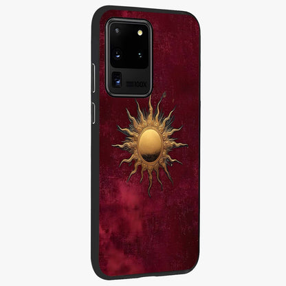 Golden Sun Minimalism Glass Case upright view showcasing simple golden sun artwork with elegant minimalist style.