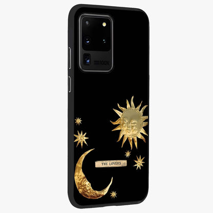 Gold Sun Blush Glass Case upright view showcasing glowing sun artwork with elegant celestial theme.