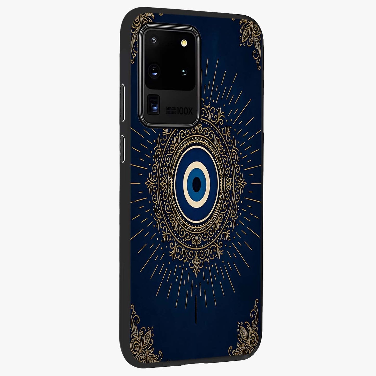 Golden Celestial Charm Glass Case upright view showcasing radiant celestial artwork with elegant golden theme.