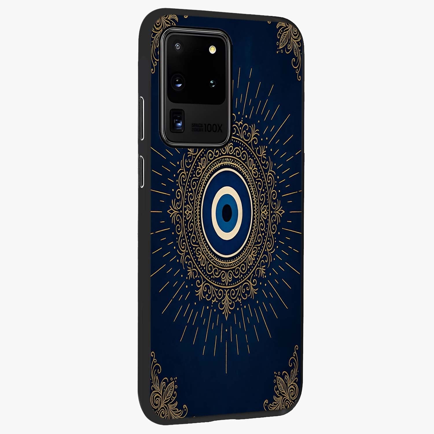 Golden Celestial Charm Glass Case upright view showcasing radiant celestial artwork with elegant golden theme.