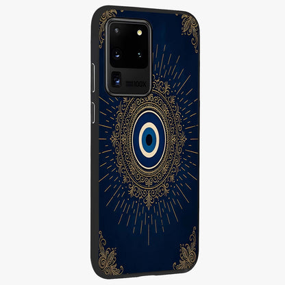 Golden Celestial Charm Glass Case upright view showcasing radiant celestial artwork with elegant golden theme.