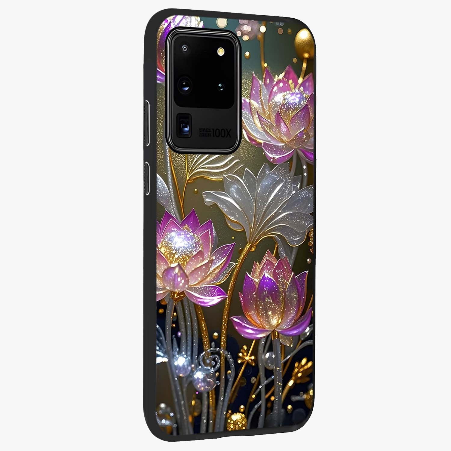Golden Floral Majesty Glass Case upright view showcasing majestic floral artwork with rich decorative theme.