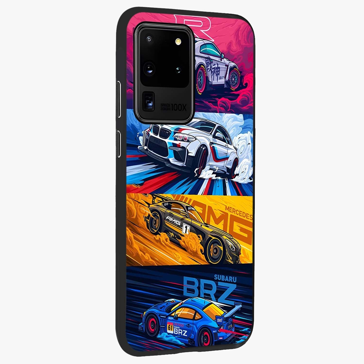 JDM Sports Car Glass Case upright view showcasing dynamic sports car artwork with bold racing theme.