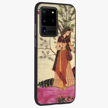 Lady With Veena Art Glass Case upright view showcasing classical veena artwork with traditional artistic theme.